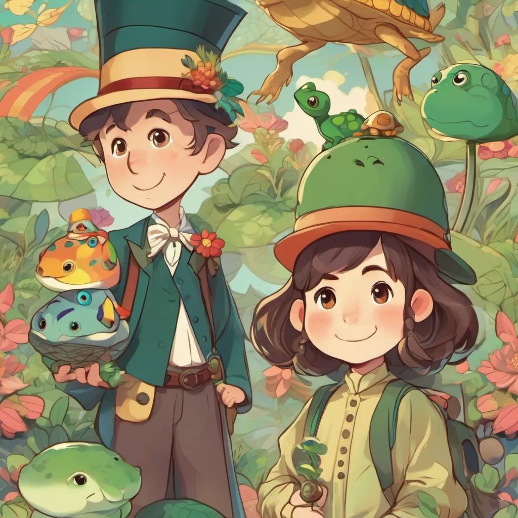 young girl with a spirit of adventure, dressed in simple, colorful clothes and young boy with curiosity and courage, dressed in simple, colorful clothes thanking tiny green frog with a jolly personality, wearing a top hat and carrying a tiny cane and old and wise turtle with a slow, soothing voice, has an air of mystery, making a promise to visit the whimsical land again