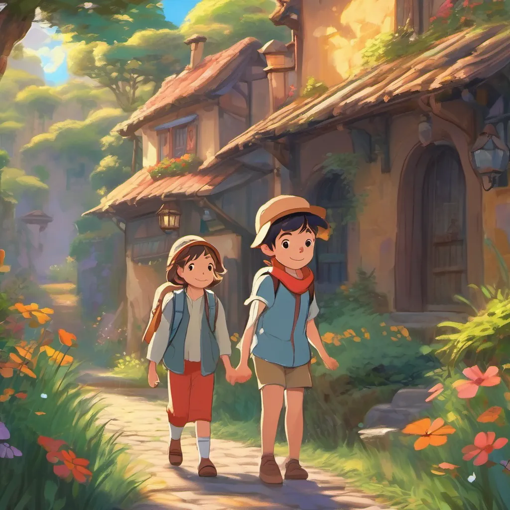young girl with a spirit of adventure, dressed in simple, colorful clothes and young boy with curiosity and courage, dressed in simple, colorful clothes walking back home smiling, feeling happy and thinking about new adventures and wonders
