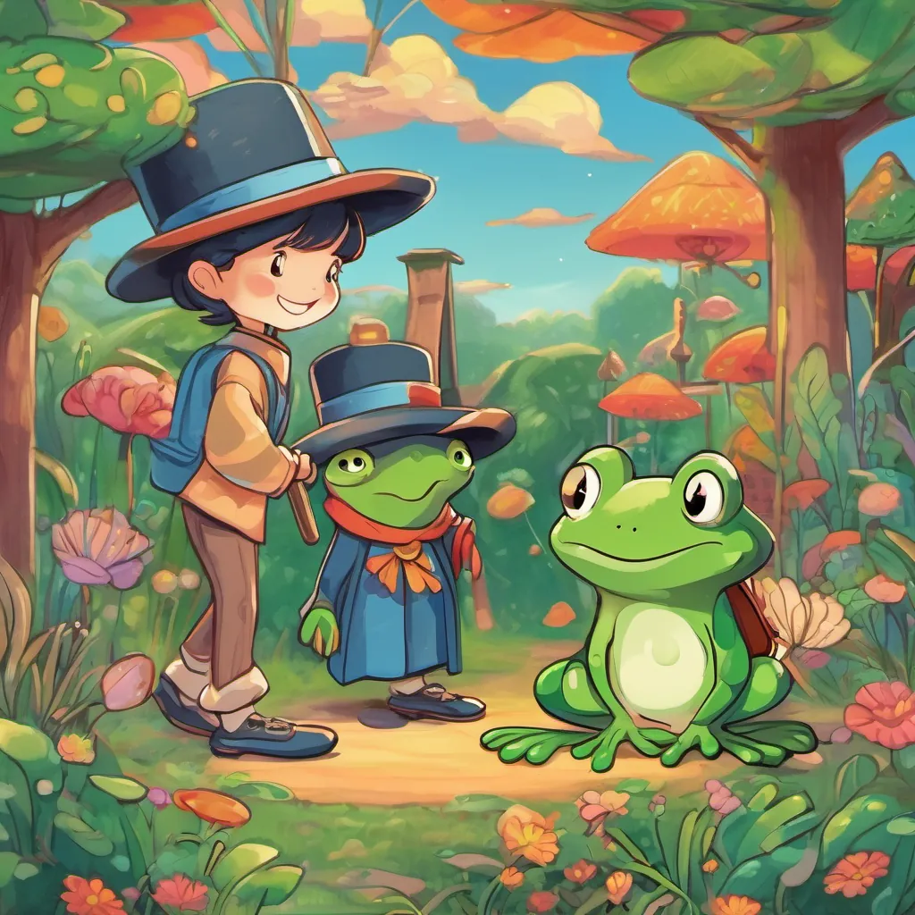 frog named tiny green frog with a jolly personality, wearing a top hat and carrying a tiny cane introducing himself to young girl with a spirit of adventure, dressed in simple, colorful clothes and young boy with curiosity and courage, dressed in simple, colorful clothes, looking very jolly with his top hat and cane