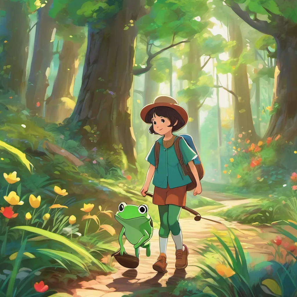 forest with giggling sounds and whispering trees, young girl with a spirit of adventure, dressed in simple, colorful clothes, young boy with curiosity and courage, dressed in simple, colorful clothes, and tiny green frog with a jolly personality, wearing a top hat and carrying a tiny cane walking through it