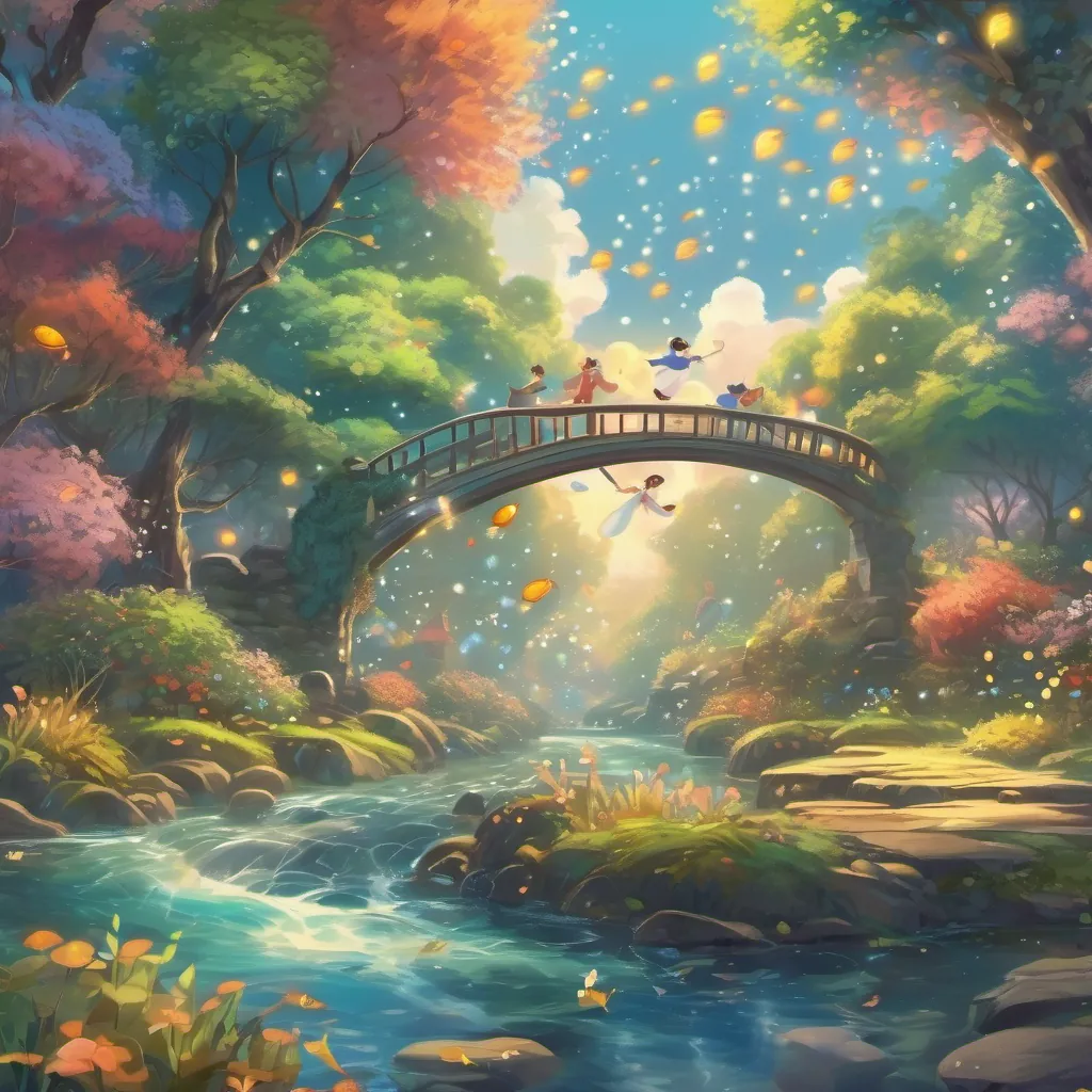 magical river shimmering like a sky full of stars, with fishes jumping and singing 'Splash-splash!'