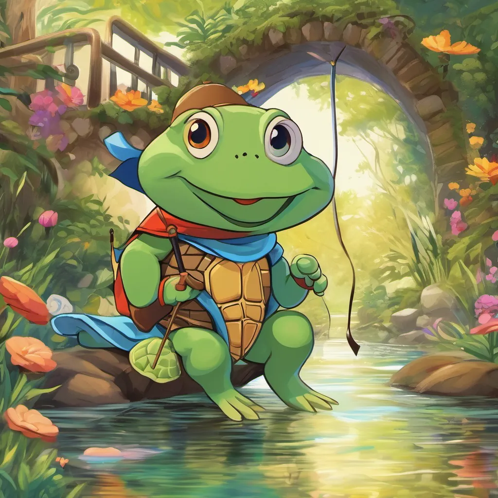 old turtle named old and wise turtle with a slow, soothing voice, has an air of mystery greeting young girl with a spirit of adventure, dressed in simple, colorful clothes, young boy with curiosity and courage, dressed in simple, colorful clothes, and tiny green frog with a jolly personality, wearing a top hat and carrying a tiny cane by the magical river