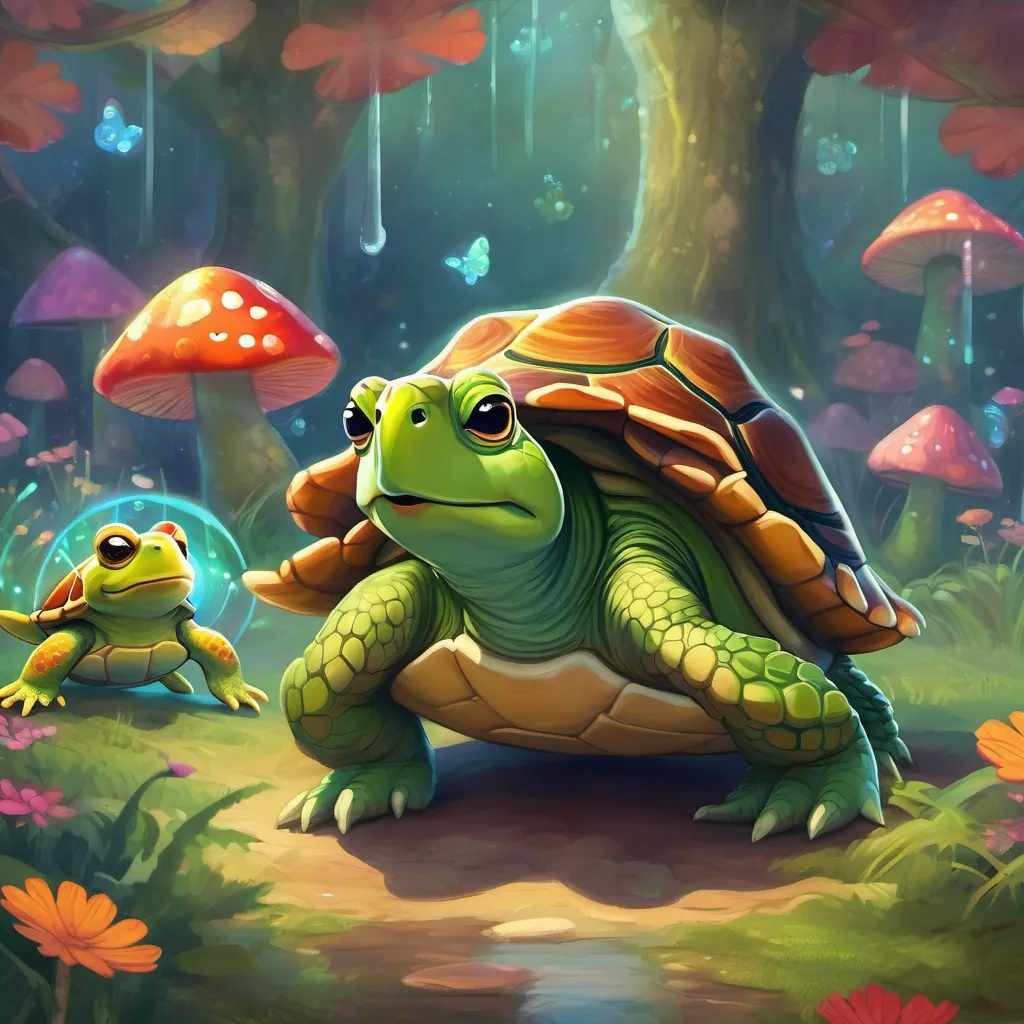 old and wise turtle with a slow, soothing voice, has an air of mystery leading the children and the frog to a giant, colorful mushroom twinkling with lights