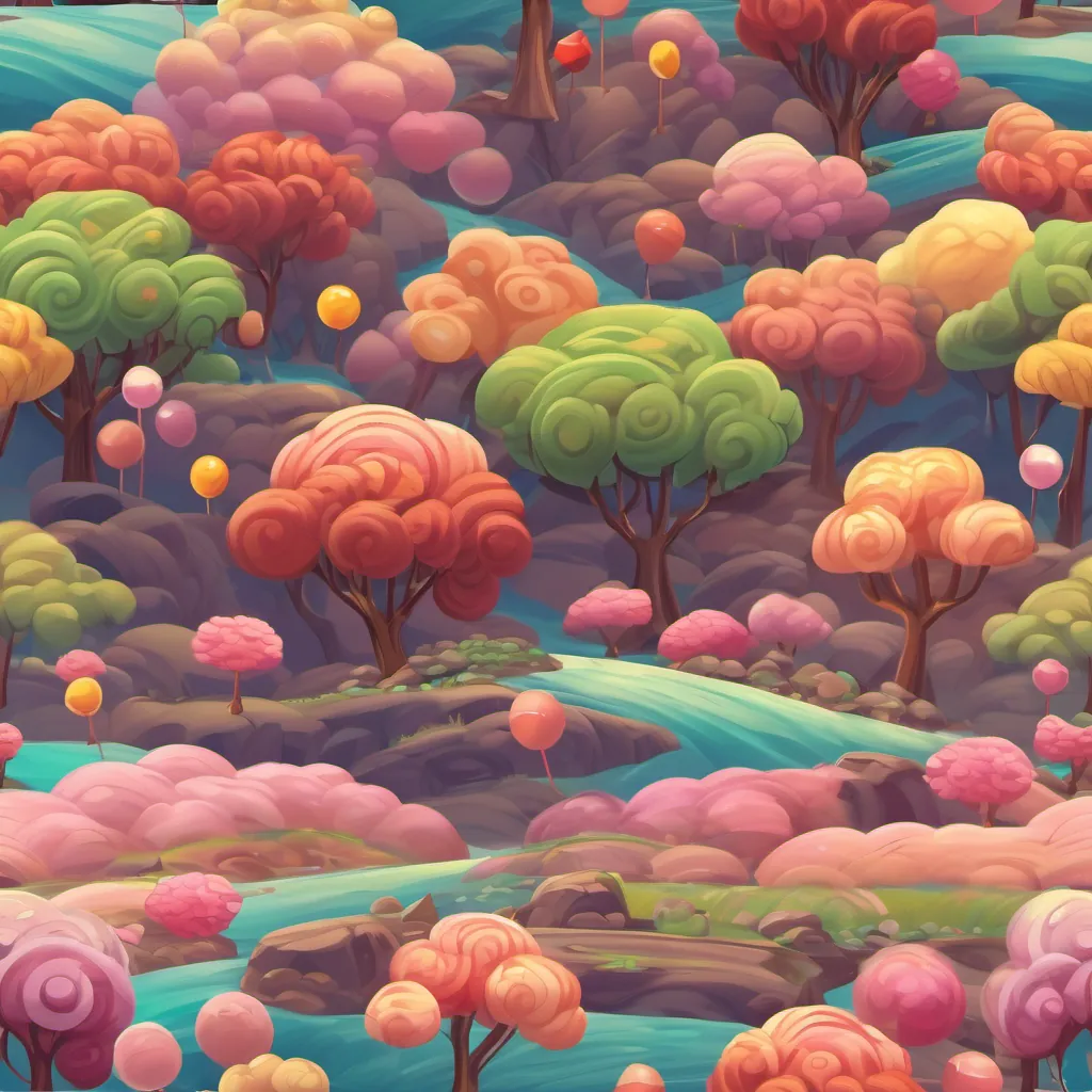 land filled with lollipop trees, chocolate rivers, and candy clouds, looking like a whimsical dream