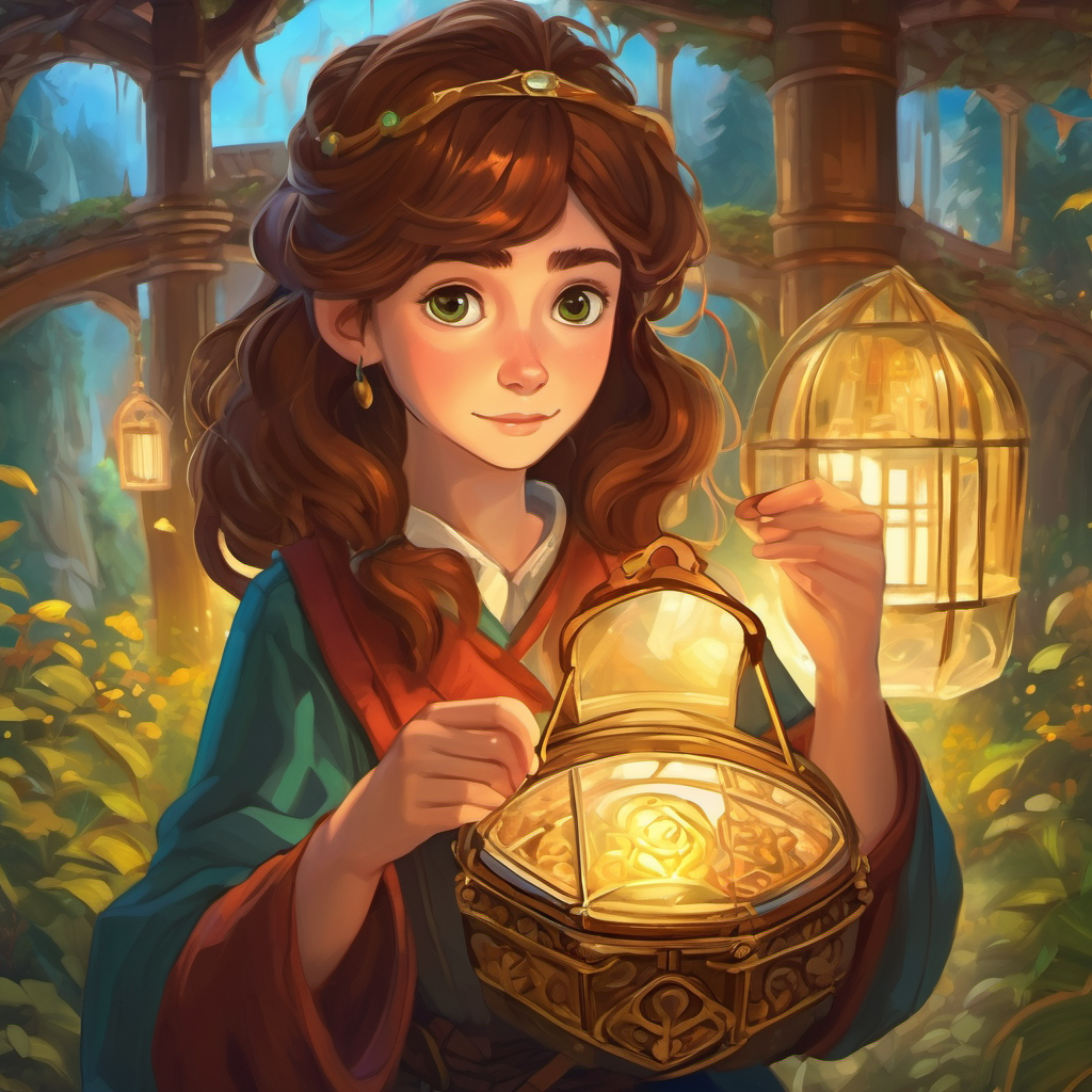 16-year-old girl with chestnut hair and curious hazel eyes putting on the amulet and being transported to Enchantia.