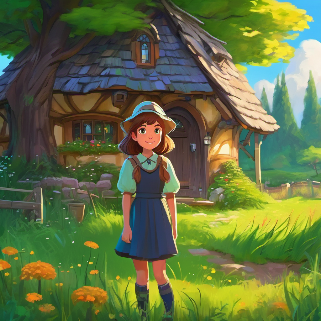 16-year-old girl with chestnut hair and curious hazel eyes standing in a vibrant meadow and approaching a cottage where she meets Old witch with silver hair and wise emerald eyes.