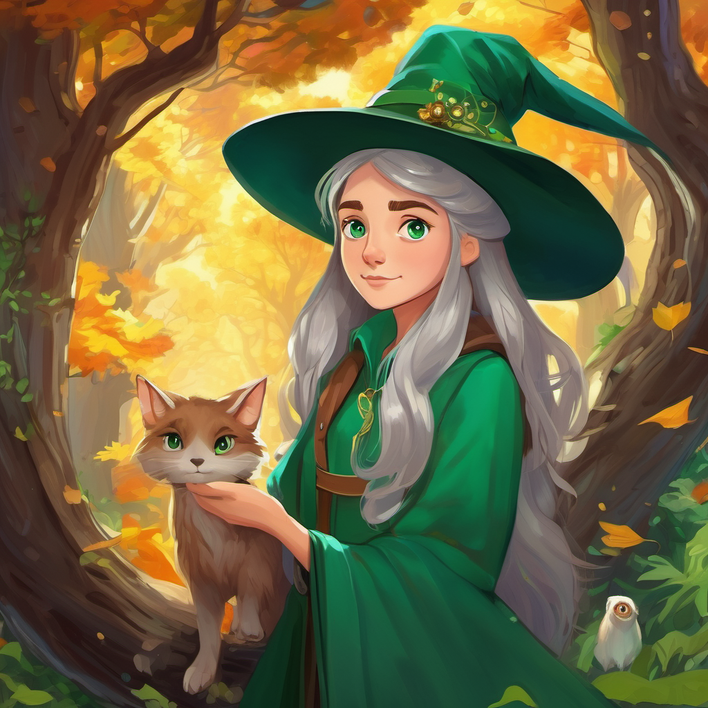 16-year-old girl with chestnut hair and curious hazel eyes and Old witch with silver hair and wise emerald eyes exploring Enchantia, encountering magical creatures.