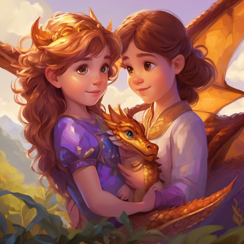 16-year-old girl with chestnut hair and curious hazel eyes and Baby dragon with shimmering golden scales and fiery amethyst eyes, the baby dragon, forming a bond and going on adventures.
