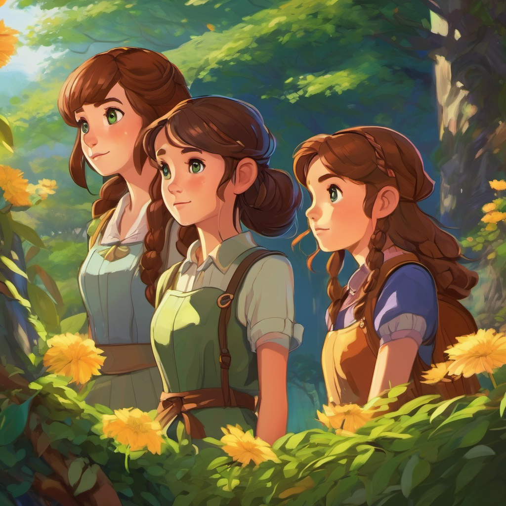 16-year-old girl with chestnut hair and curious hazel eyes and her friends standing together, ready to face challenges in Enchantia.