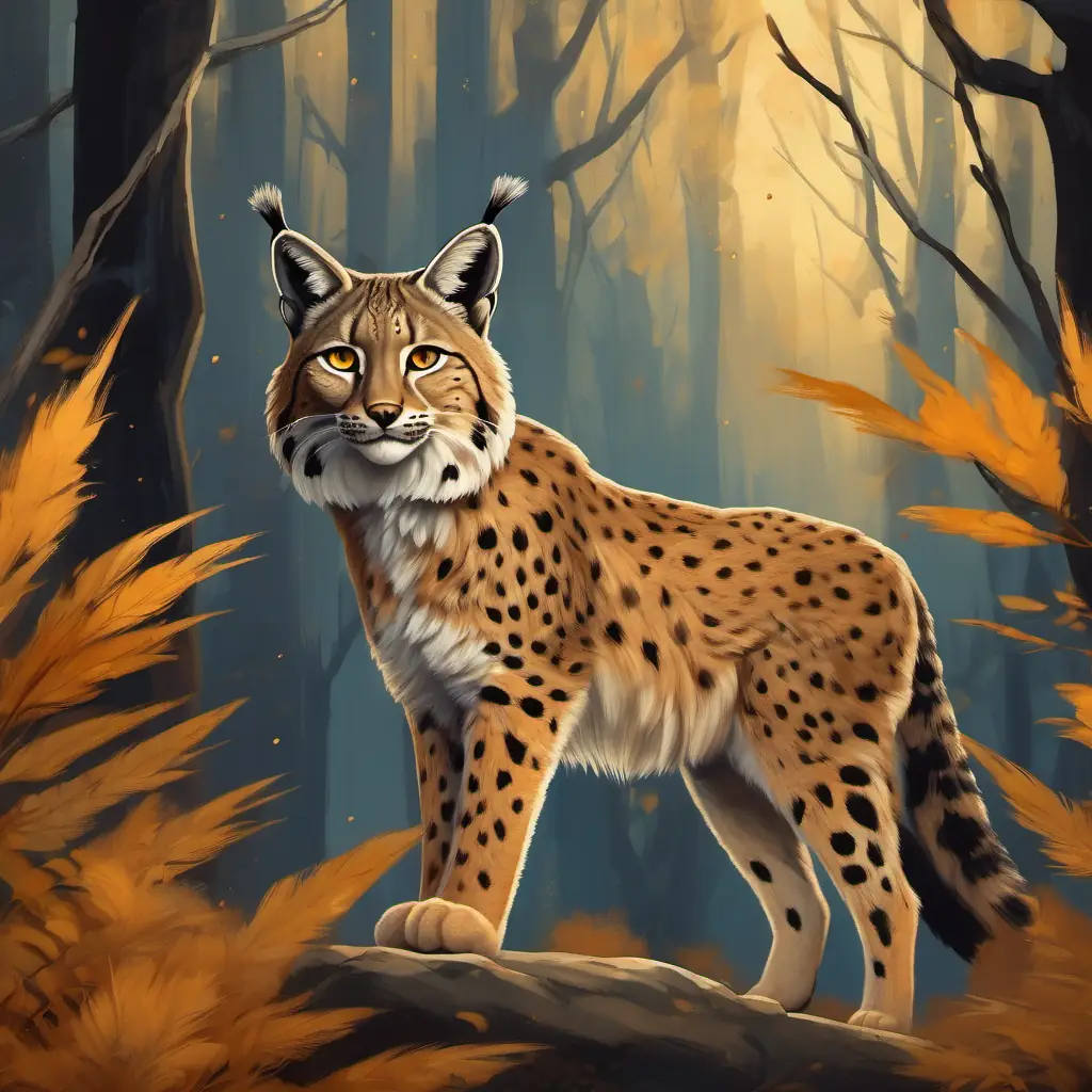 Illustration: A Lince Ibérico with sandy-colored fur, black spots, and amber eyes the Iberian Lynx with sandy-colored fur and black spots, living in a forest in Lorca