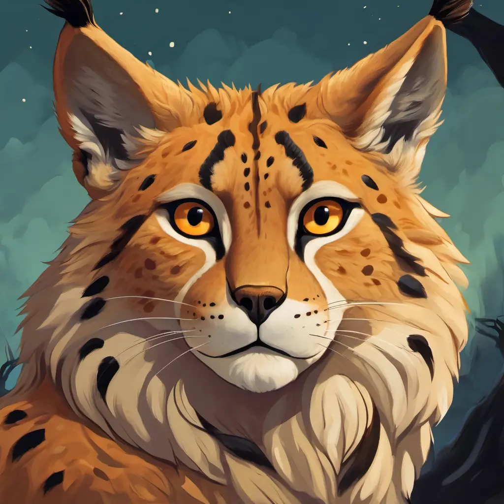 Illustration: A Lince Ibérico with sandy-colored fur, black spots, and amber eyes thinking about the problem of Lince Ibérico's extinction with a worried expression
