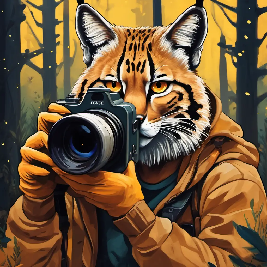 Illustration: A Lince Ibérico with sandy-colored fur, black spots, and amber eyes observing humans in the forest, holding a camera and binoculars