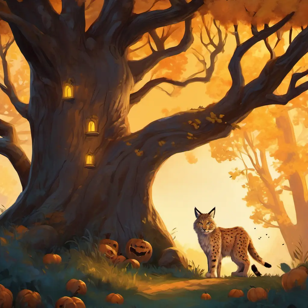 Illustration: A Lince Ibérico with sandy-colored fur, black spots, and amber eyes leaving a secret message on a tree, hoping humans would find it