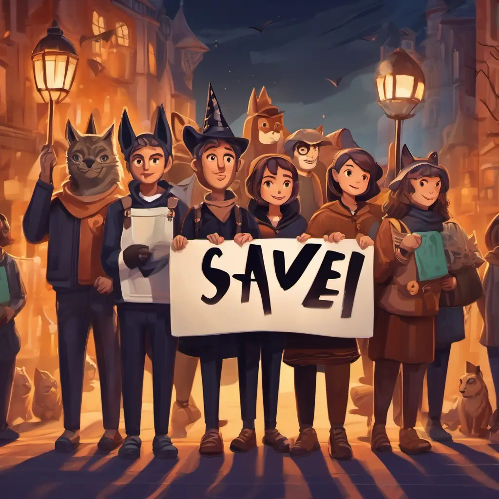 Illustration: Humans forming a group, holding signs that say 'Save the Lince Ibérico'