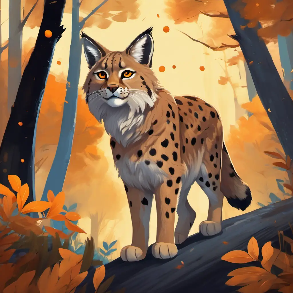 Illustration: A Lince Ibérico with sandy-colored fur, black spots, and amber eyes happily playing with other Lince Ibérico in a protected forest