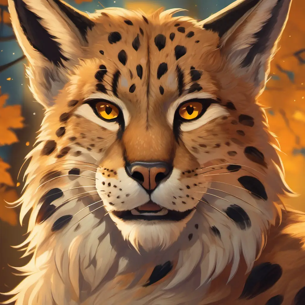 Illustration: A Lince Ibérico with sandy-colored fur, black spots, and amber eyes showing gratitude towards humans with a smile on his face