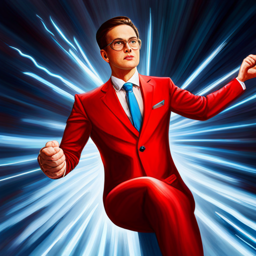 red suit, running fast, superhero with speed powers - red suit, blue suit, lightning bolt symbol, superhero with electric powers - lightning bolt on blue suit