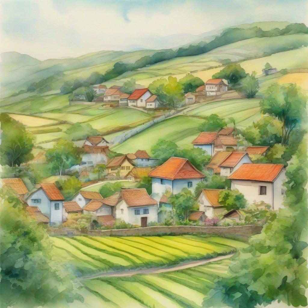 A peaceful village with colorful houses and lush green fields
