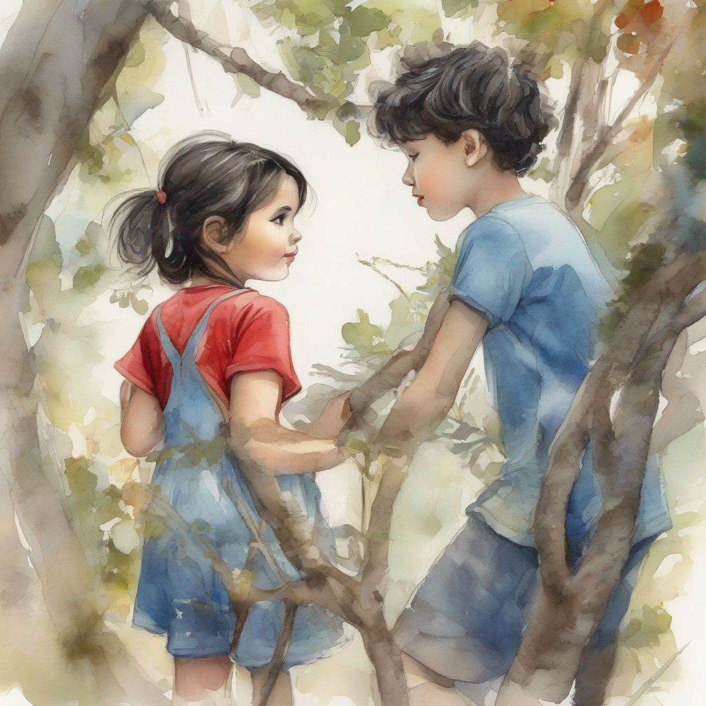 little boy with messy black hair, wearing a red t-shirt and little girl with braided hair, wearing a blue dress climbing trees and exploring nature