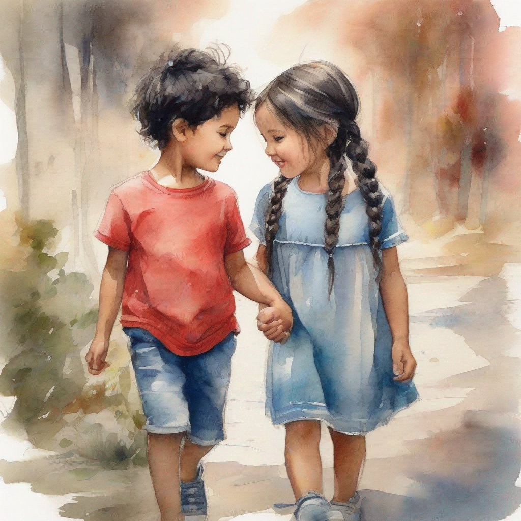 little boy with messy black hair, wearing a red t-shirt and little girl with braided hair, wearing a blue dress blushing and holding hands