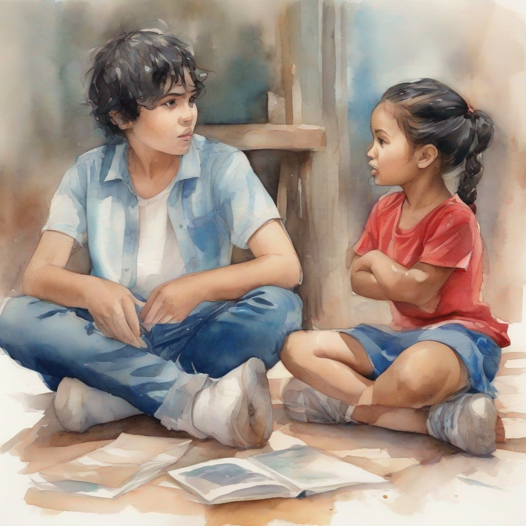 little boy with messy black hair, wearing a red t-shirt and little girl with braided hair, wearing a blue dress looking worried, their families arguing