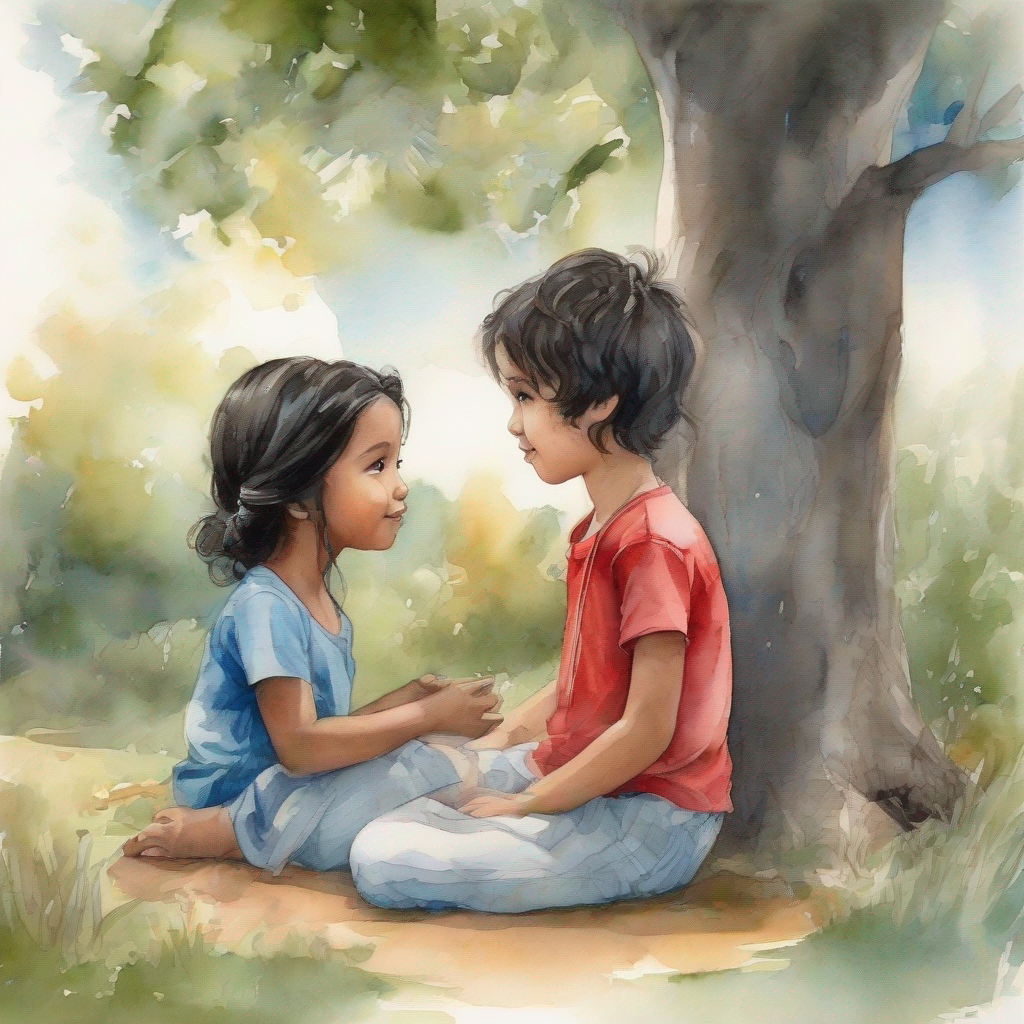 little boy with messy black hair, wearing a red t-shirt and little girl with braided hair, wearing a blue dress sitting under a tree, having a heartfelt conversation