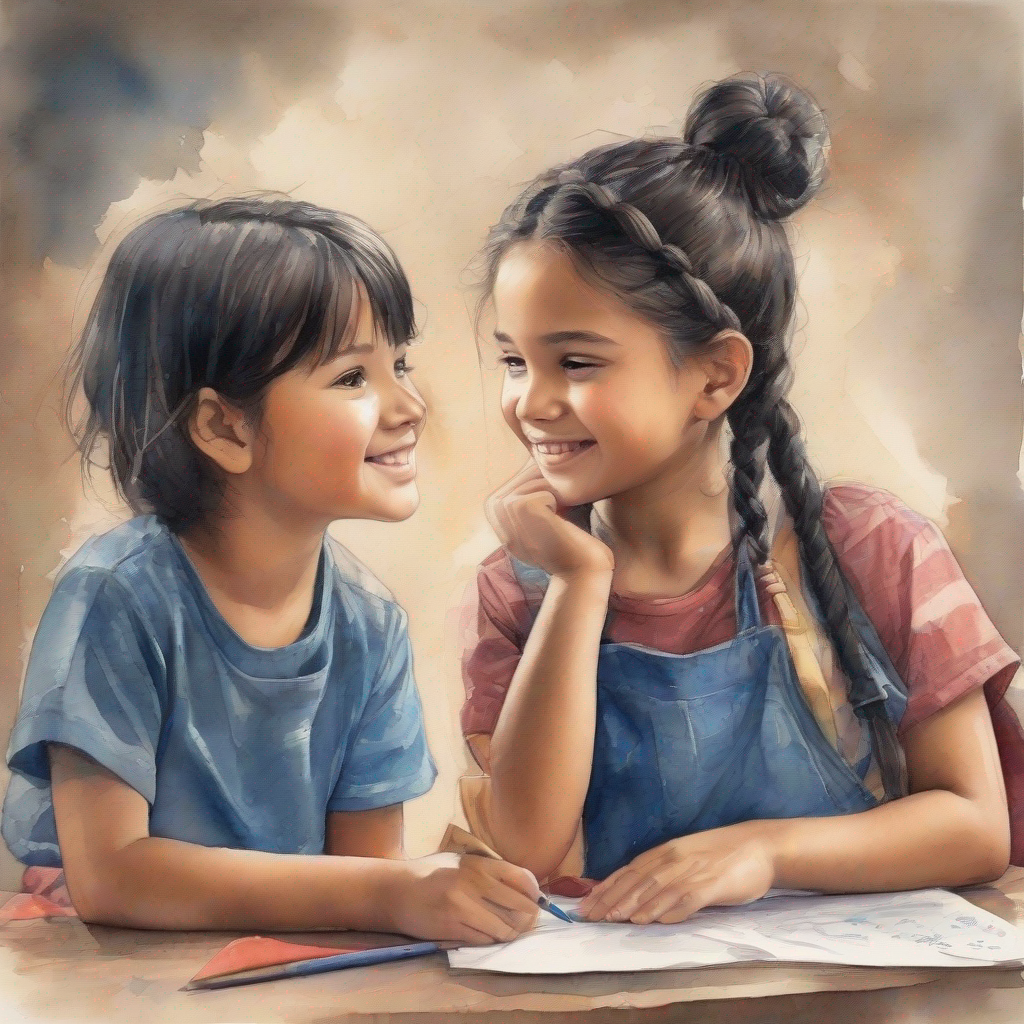 little boy with messy black hair, wearing a red t-shirt and little girl with braided hair, wearing a blue dress smiling, using kind words to express their thoughts