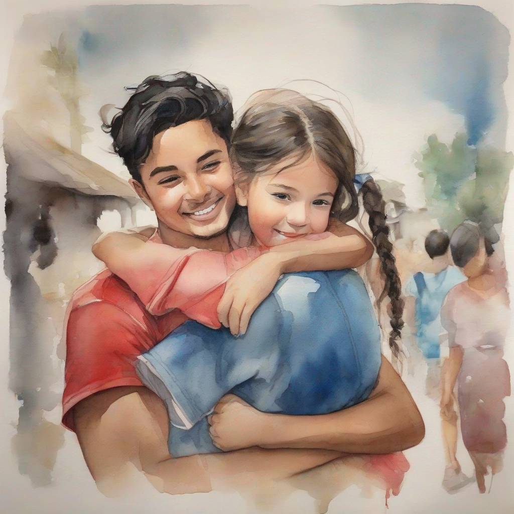 little boy with messy black hair, wearing a red t-shirt and little girl with braided hair, wearing a blue dress and their families hugging and smiling