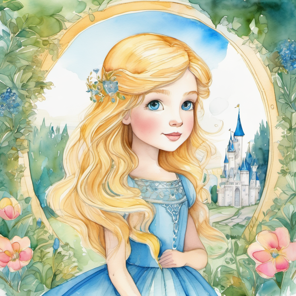 The illustration shows Golden hair, sparkling blue eyes, kind-hearted princess in her castle, surrounded by beautiful gardens and a blue sky.