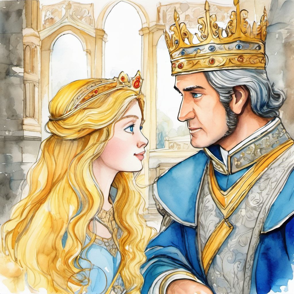 The illustration shows Golden hair, sparkling blue eyes, kind-hearted princess talking to her father, the king, who looks concerned.