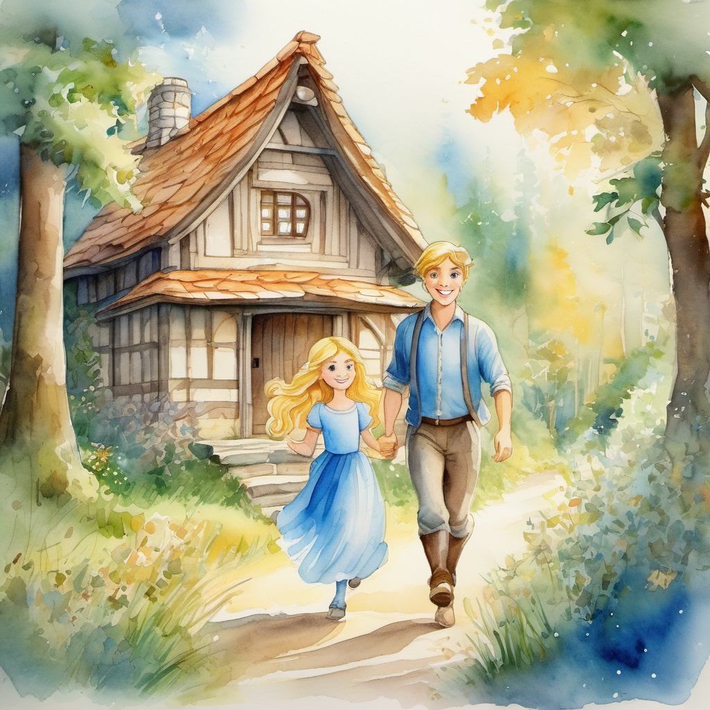 The illustration shows Golden hair, sparkling blue eyes, kind-hearted princess running through the woods and meeting Man with kind eyes, warm smile, lives in a cozy cottage, who is standing near his cottage.