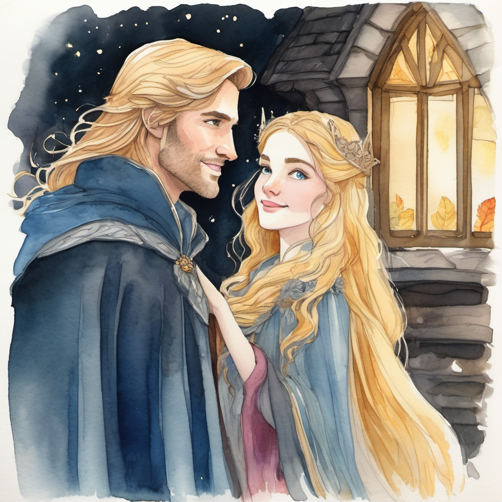 The illustration shows Golden hair, sparkling blue eyes, kind-hearted princess and Man with kind eyes, warm smile, lives in a cozy cottage enjoying each other's company, while Evil witch in a dark cloak, jealous of Isabella's beauty lurks in the shadows, wearing a dark cloak.