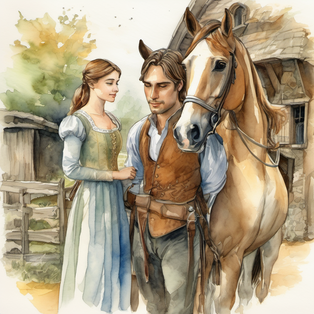 The illustration shows Isabella looking heartbroken as Man with kind eyes, warm smile, lives in a cozy cottage becomes distant, while Noble prince on a horse, understands the power of true love enters the scene on his noble horse.