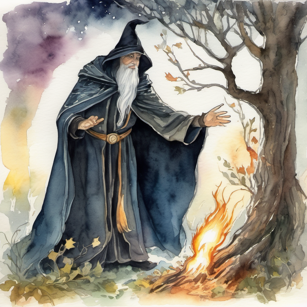 The illustration shows the magical wizard appearing from within a tree, casting a spell that dispels Evil witch in a dark cloak, jealous of Isabella's beauty's darkness.