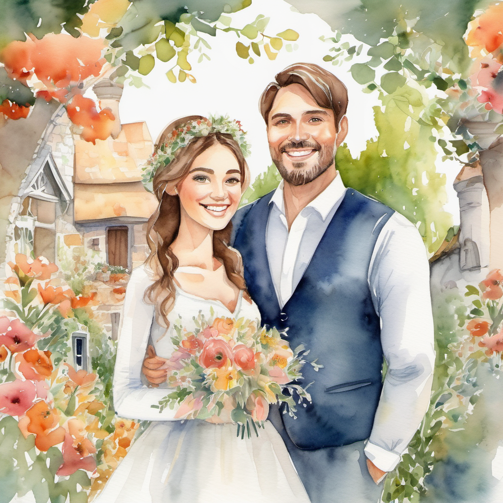 The illustration shows Isabella and Man with kind eyes, warm smile, lives in a cozy cottage getting married in a beautiful ceremony, surrounded by flowers and smiling faces.