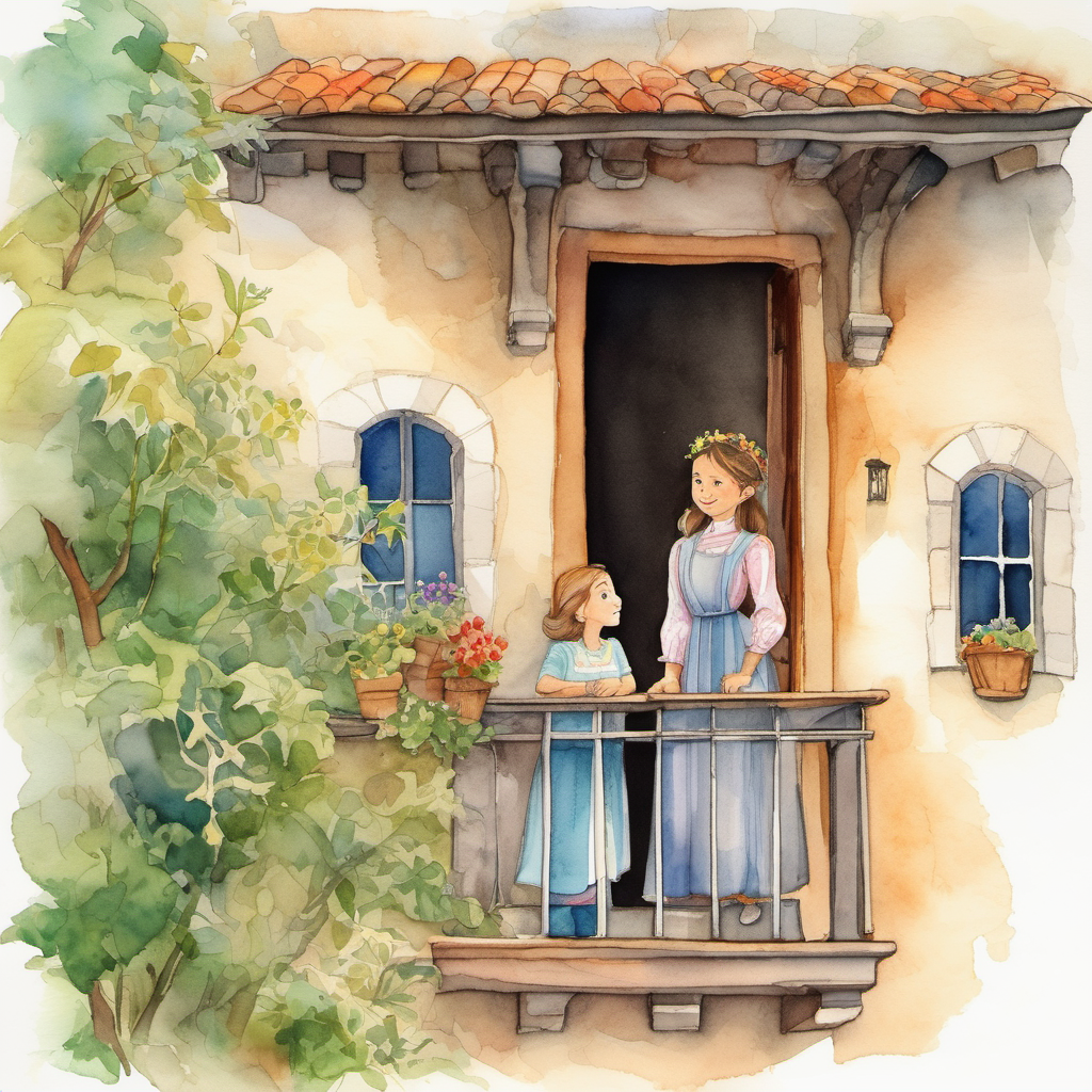 The illustration shows Isabella and Man with kind eyes, warm smile, lives in a cozy cottage standing on the balcony of their castle, looking out over the joyful kingdom.
