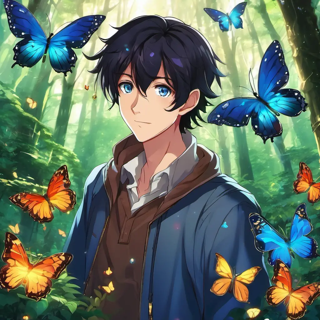 Magical forest - a place filled with whispering trees and colorful butterflies. Skinny boy with straight black hair, brown and blue eyes Unique and magical - his unique eyes taking on a magical glow.