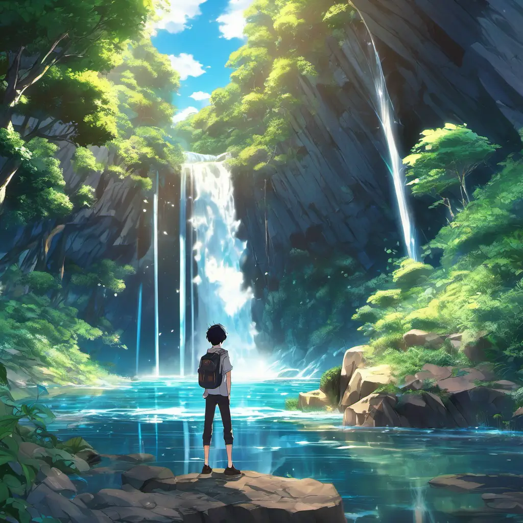 Hidden waterfall - a secluded spot with shimmering water. Skinny boy with straight black hair, brown and blue eyes Unique and magical - discovering the magical powers hidden within his eyes.