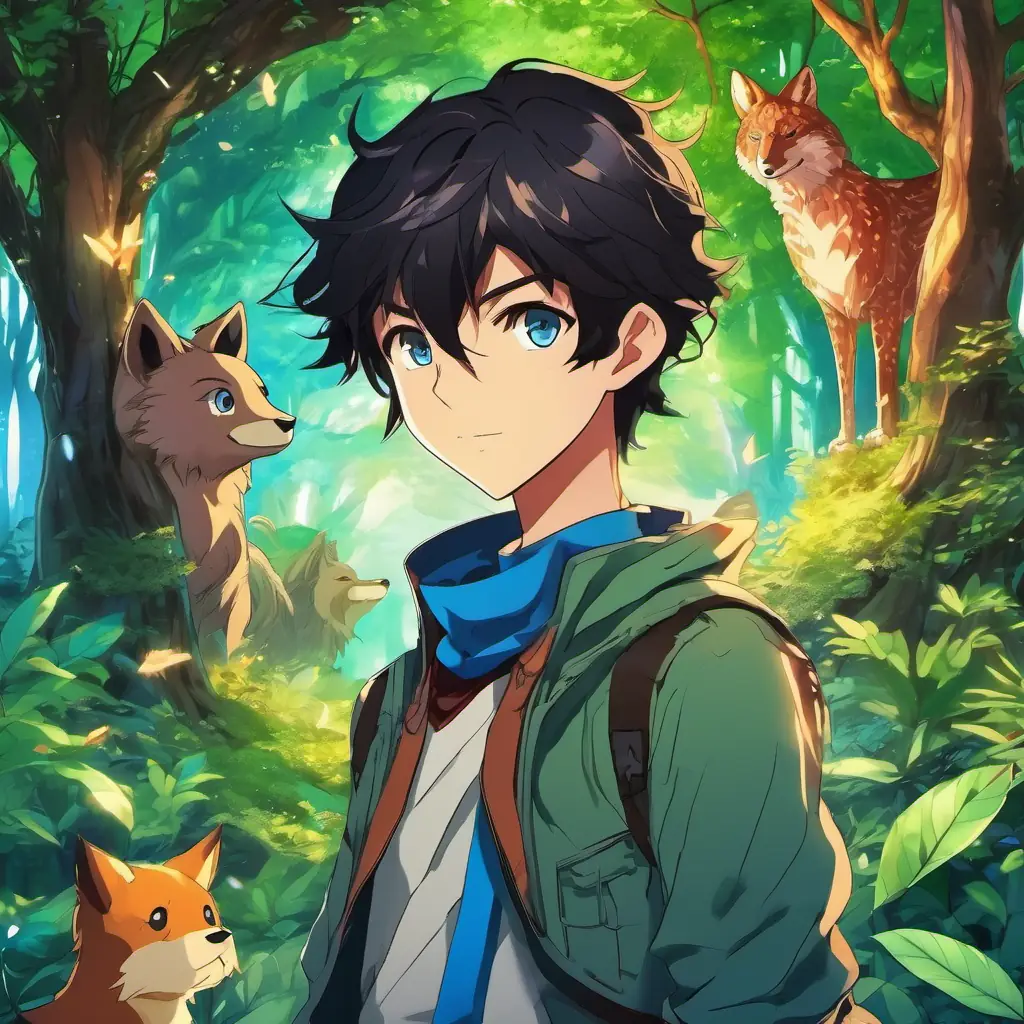 Skinny boy with straight black hair, brown and blue eyes Unique and magical - using his powers to help the forest animals and protect the magical forest.