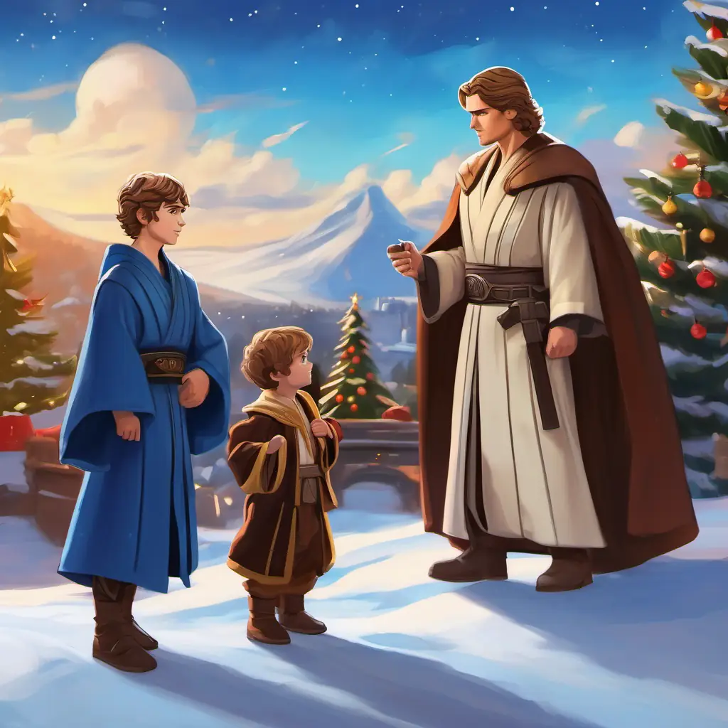 Anakin training with his mentor, Fair skin, blue eyes, wise mentor, showcasing their relationship and the setting of their training grounds.