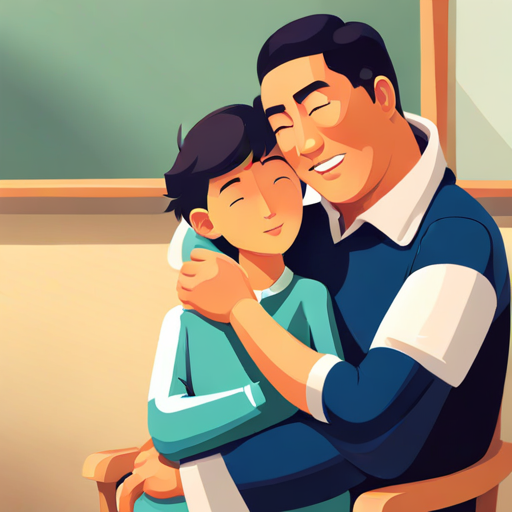 Teacher comforting Adam with a warm smile