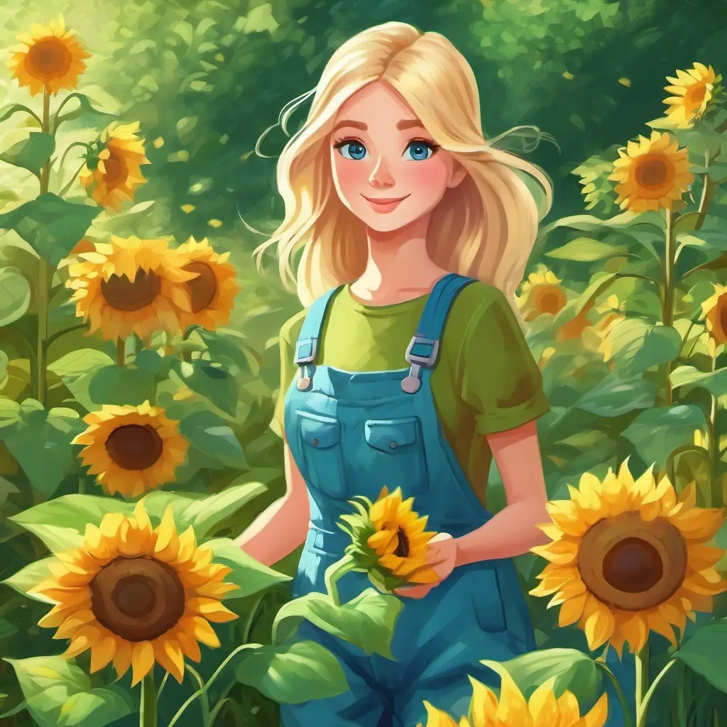 Blonde hair, blue eyes, green overalls in the garden watering sunflowers on a sunny day.