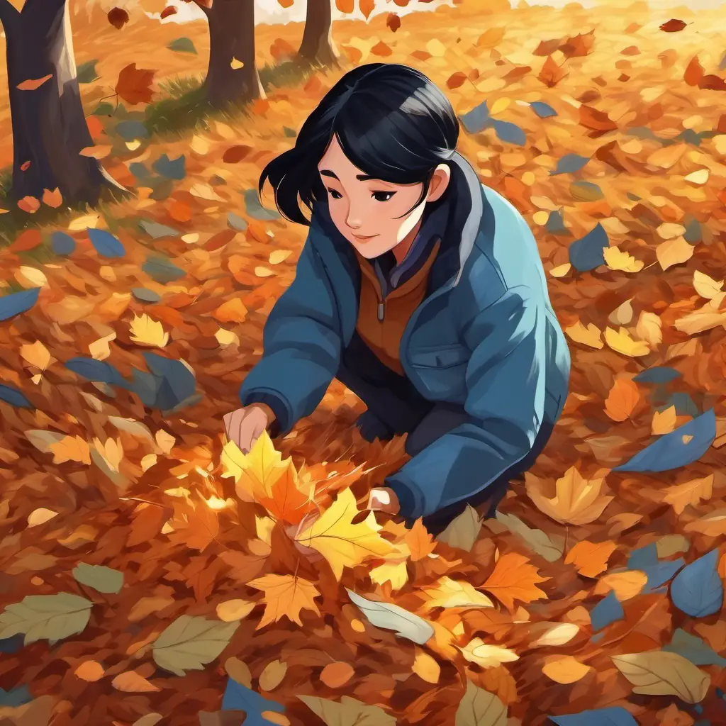 Black hair, brown eyes, blue jacket raking autumn leaves into a big pile in the yard.