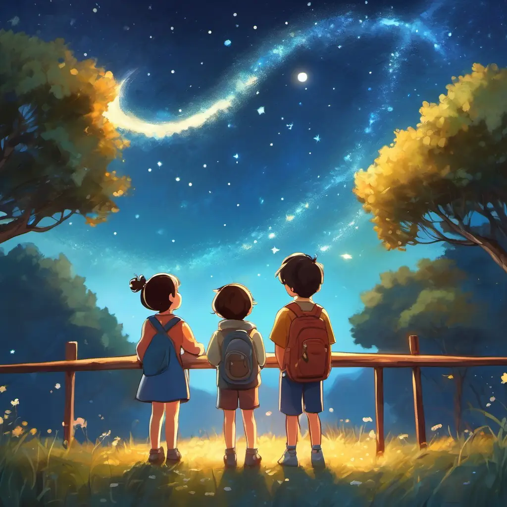 Children looking at stars, making a wish.