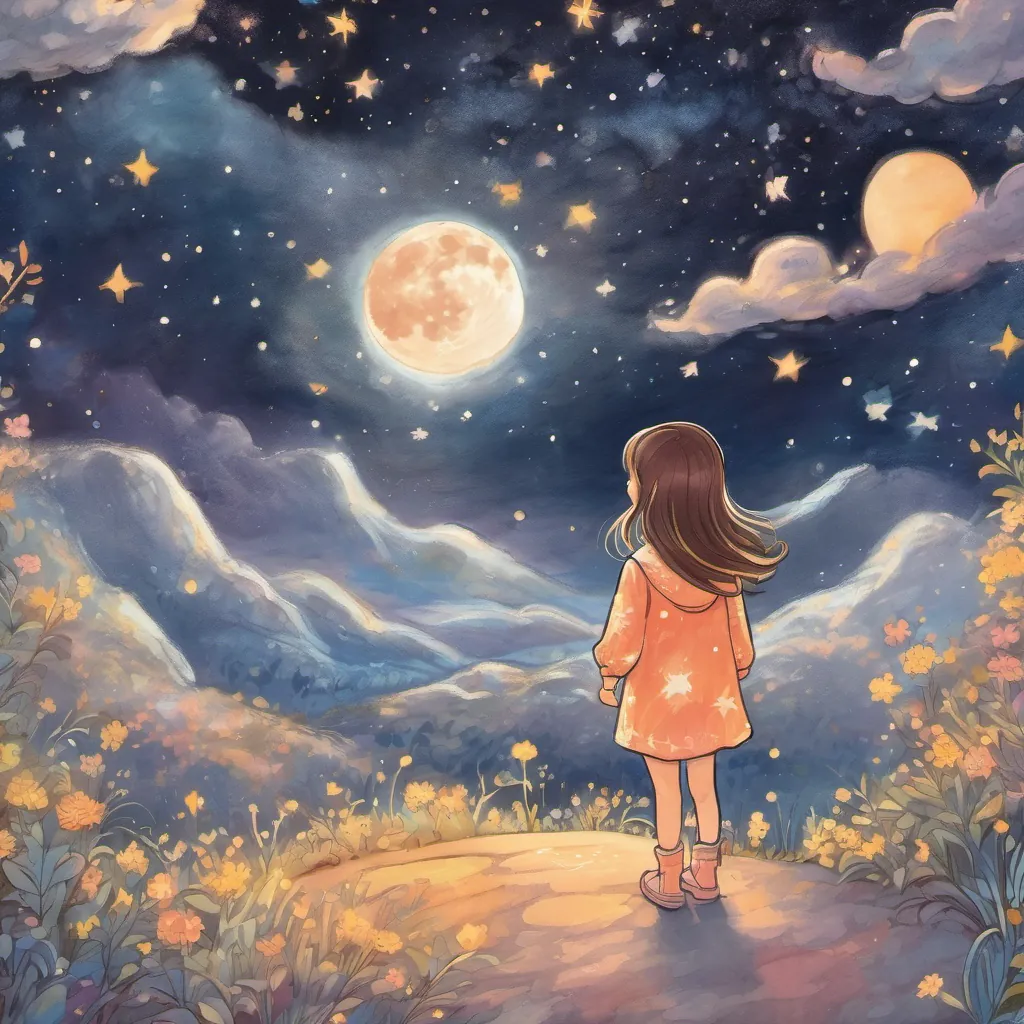 An enchanting night sky with a radiant full moon, twinkling stars, and A dreamy little girl with bright eyes and a curious smile, dressed in cozy pajamas, an imaginative little girl, looking up in amazement.