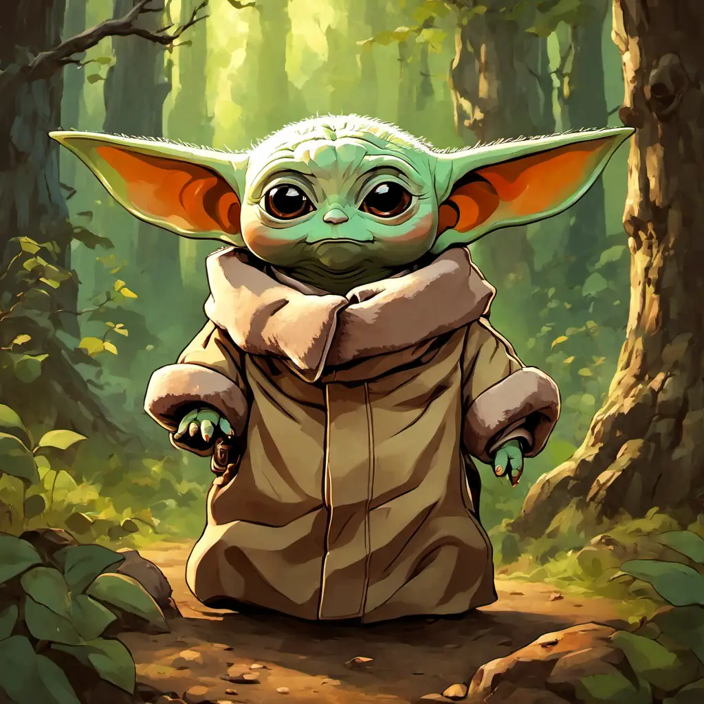 The text describes a magical forest with talking animals, and introduces PEBabyYoda who is setting off on an adventure to find treasure in a castle.