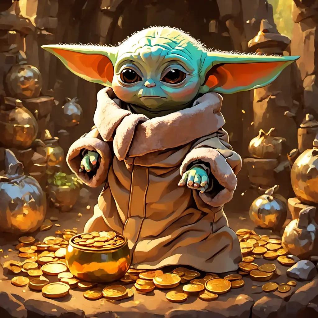 The text describes PEBabyYoda reaching the castle, finding the treasure room, and being overjoyed with the shiny coins and gems.
