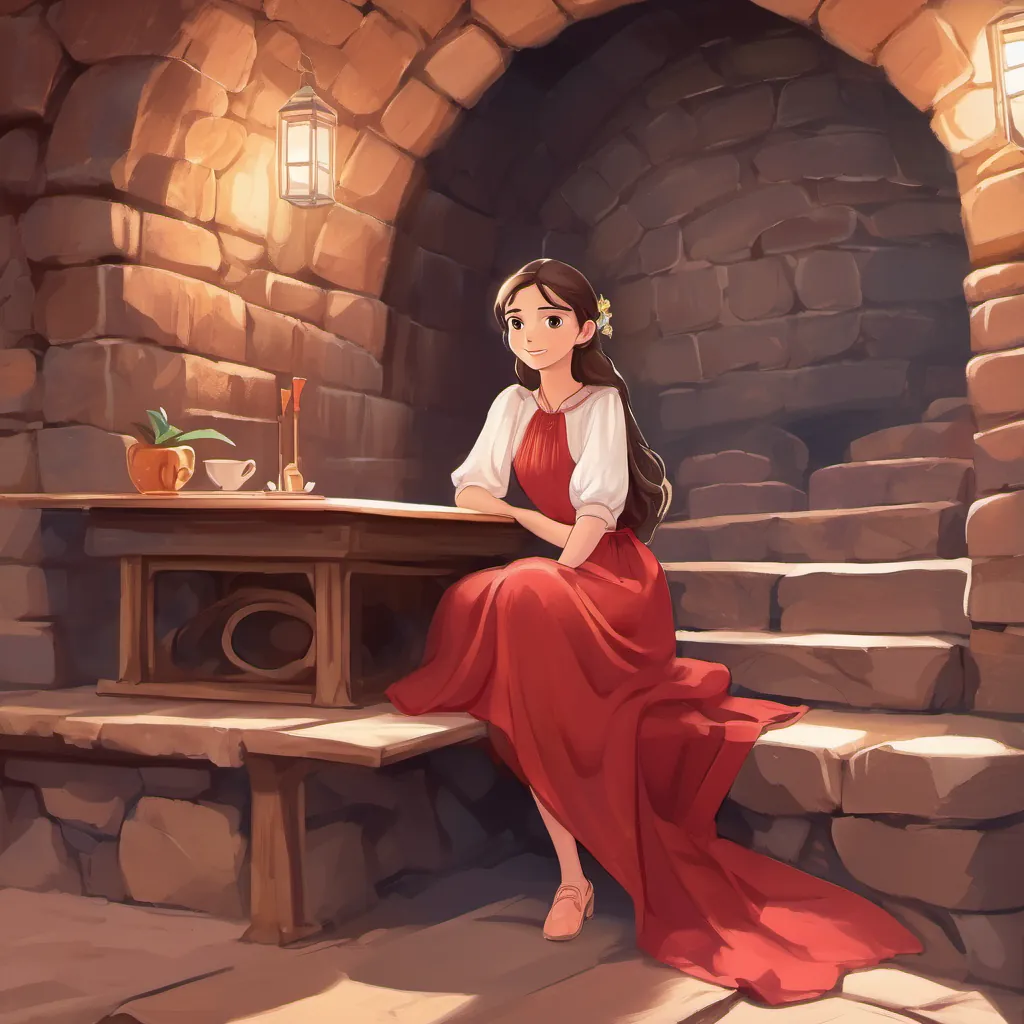 A young girl with sparkling eyes in a crimson silk gown, seated in an old, underground chamber with wooden tables and stone walls.