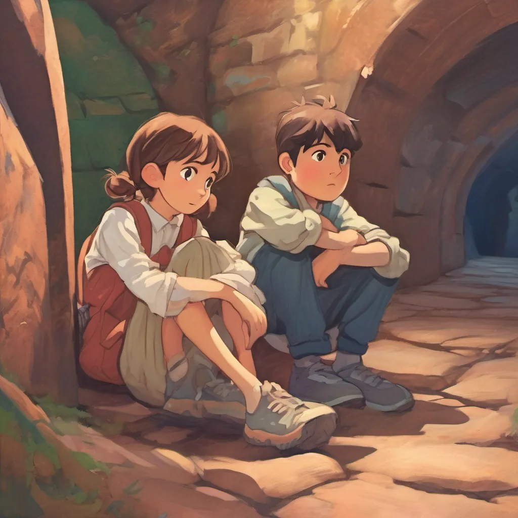 A young girl and a boy across from each other in an underground chamber, the girl rolling her eyes playfully while the boy crosses his arms, looking annoyed.