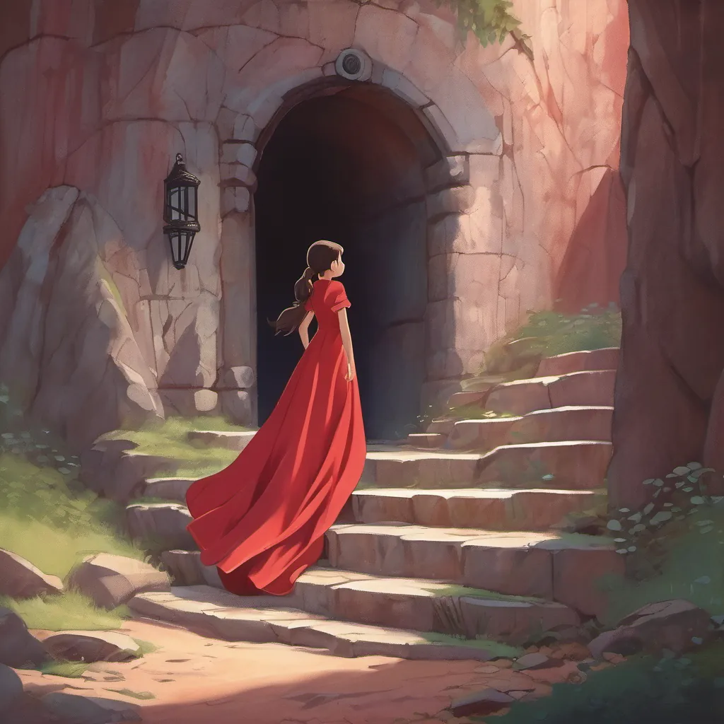 A young girl in a crimson gown stepping out of an underground chamber, ready to embark on a midnight adventure.